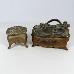 2 Antique Victorian Jewelry Trinket Box Art Nouveau Casket Gold Gilt Floral Rose
